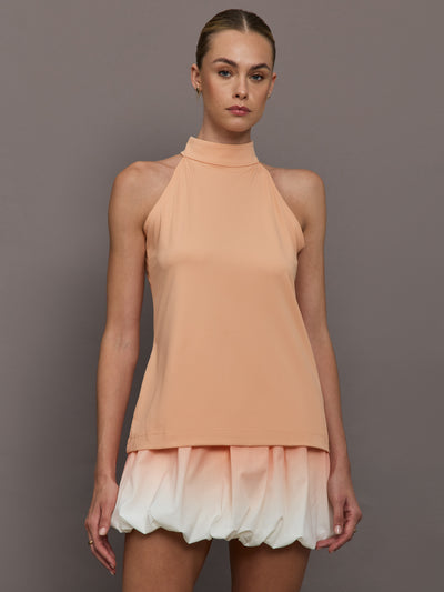 Model is wearing a peach mock neck halter top and skirt against a plain background.