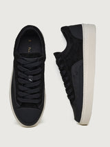 Filling Pieces Riviera Fuzz sneakers in black with suede and leather upper, lace-up front, and contrast white sole, top and side view.