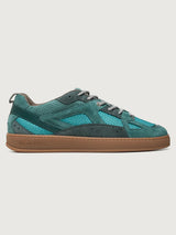 Filling Pieces Prism Peak sneaker in green with suede and mesh panels, perforated leather upper, and gum sole, side view.