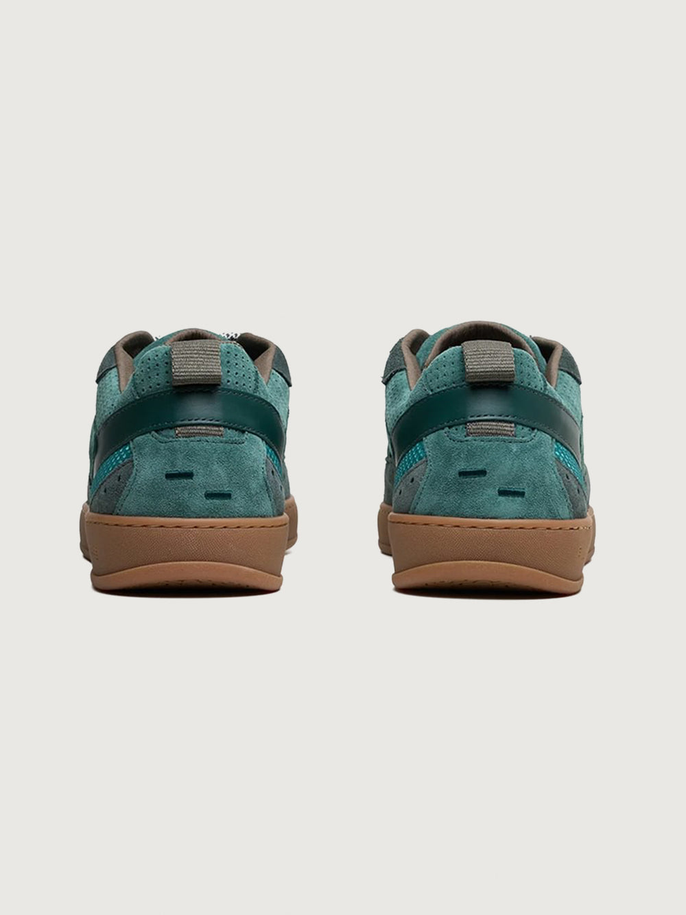 Filling Pieces Prism Peak sneakers in green with suede heel panels, perforated leather details, and gum sole, back view.