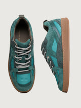 Filling Pieces Prism Peak sneakers in green with mesh and suede overlays, lace-up front, and gum sole, top and side view.