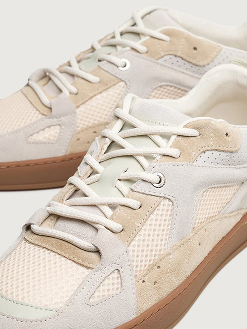 Close-up of Filling Pieces Prism Peak sneaker in beige with suede and mesh paneling, perforated leather details, and gum sole.