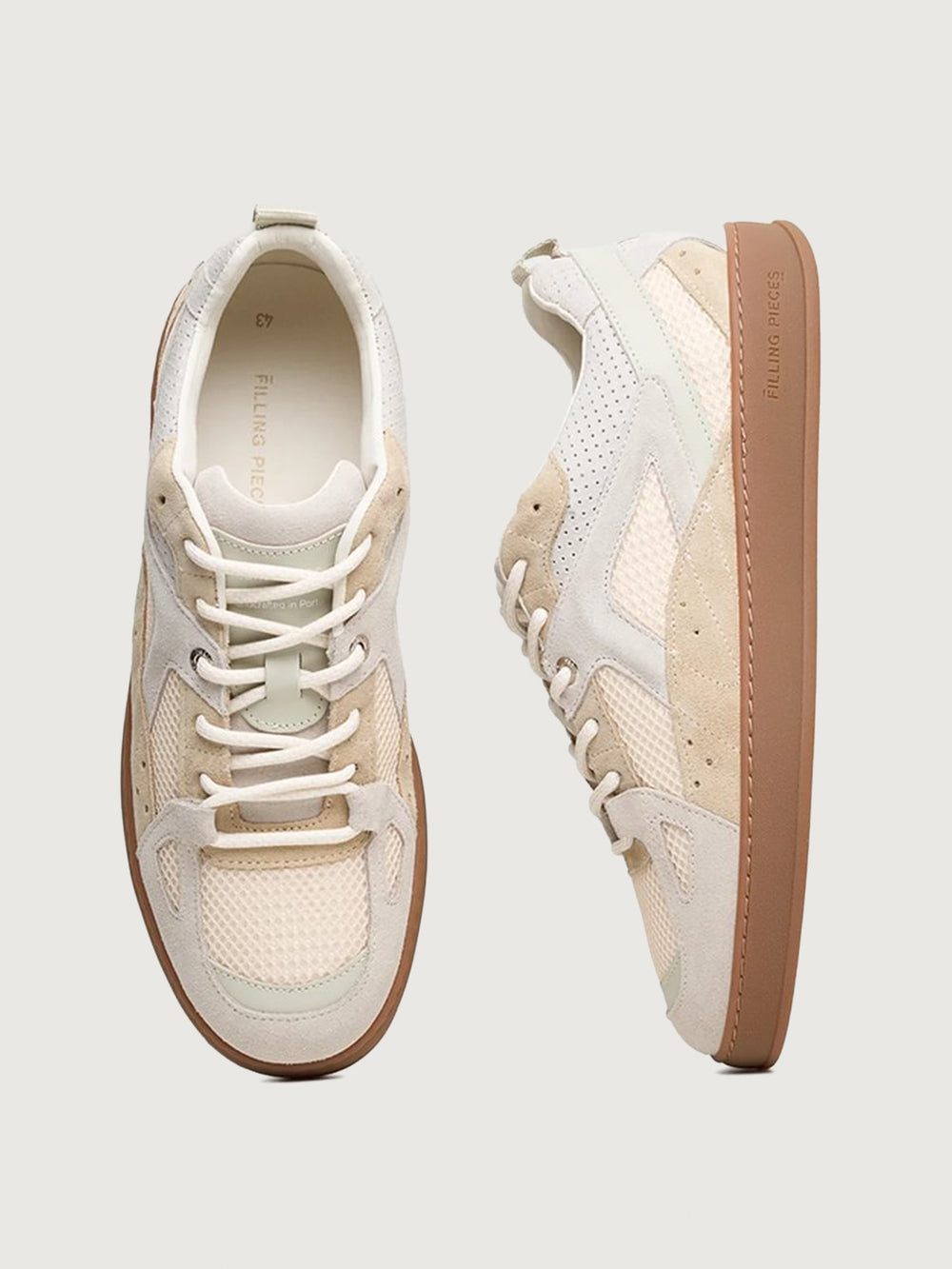 Filling Pieces Prism Peak sneakers in beige with perforated leather and suede overlays, gum sole, side and top view.