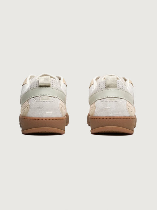 Filling Pieces Prism Peak sneakers in beige with suede heel panels, perforated leather upper, and gum sole, back view.