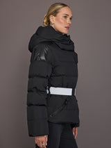 Side profile of the model in the Bufera Ski Jacket in black, showing the hood and shoulder detail.