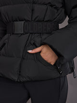 Close up of the Bufera Ski Jacket in black, black belt detail and matte shell texture.