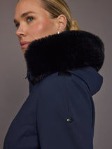 Close-up of faux-fur hood and shoulder detail.
