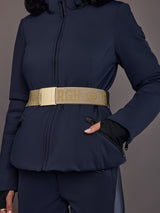 Alternate belt styling with gold logo buckle, waist detail.