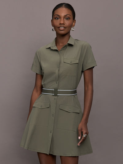 Model wearing an olive green button-front dress. 