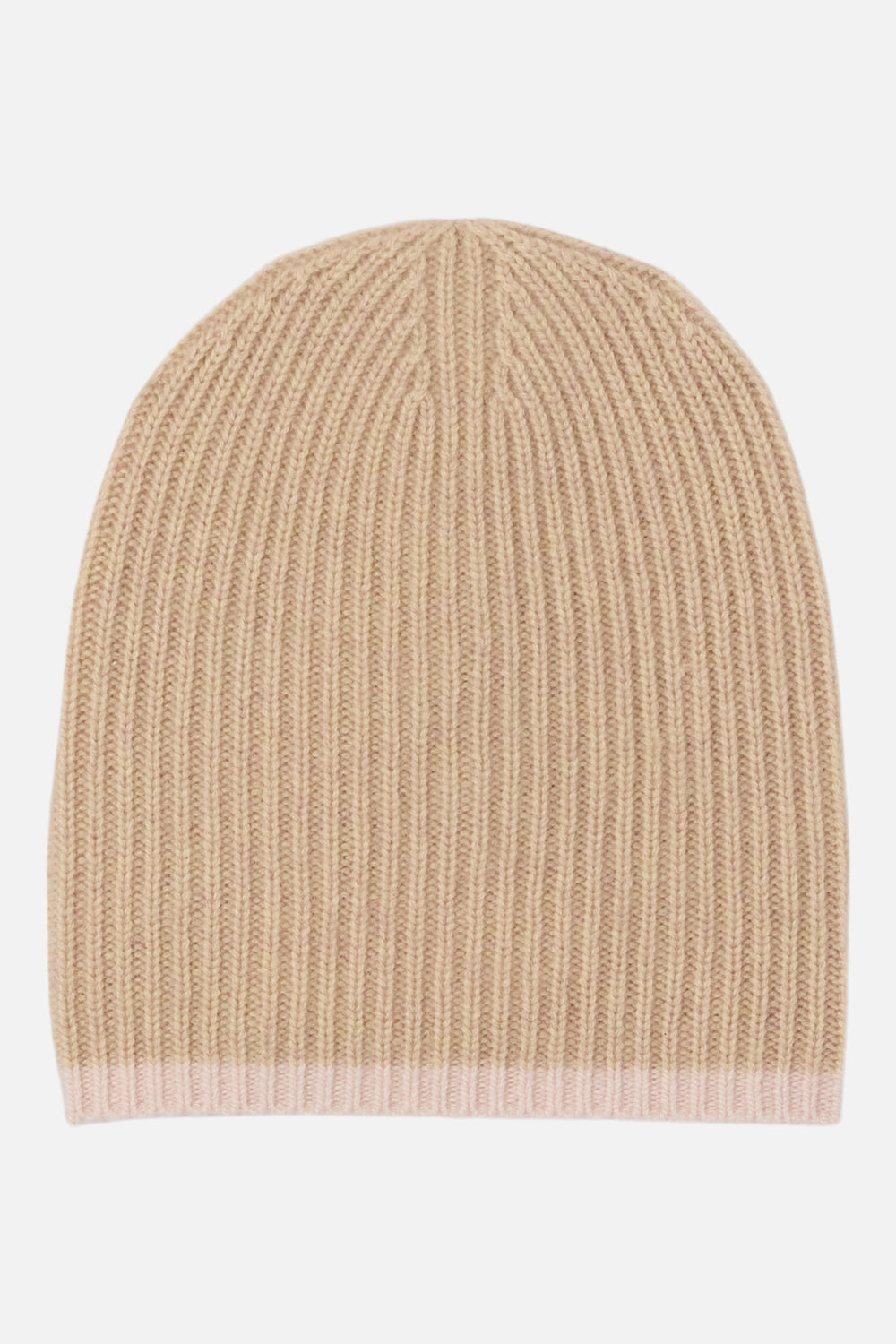 Cashmere Long Ribbed Beanie with Contrast Trim - New Oatmeal W. Mallow Pink