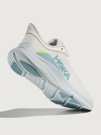 White HOKA running shoe with blue logo and accents on a white background