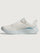 White HOKA running shoe with blue logo and accents on a white background