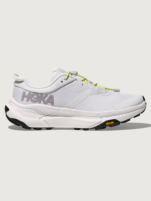 Grey/silver Hoka running shoe.