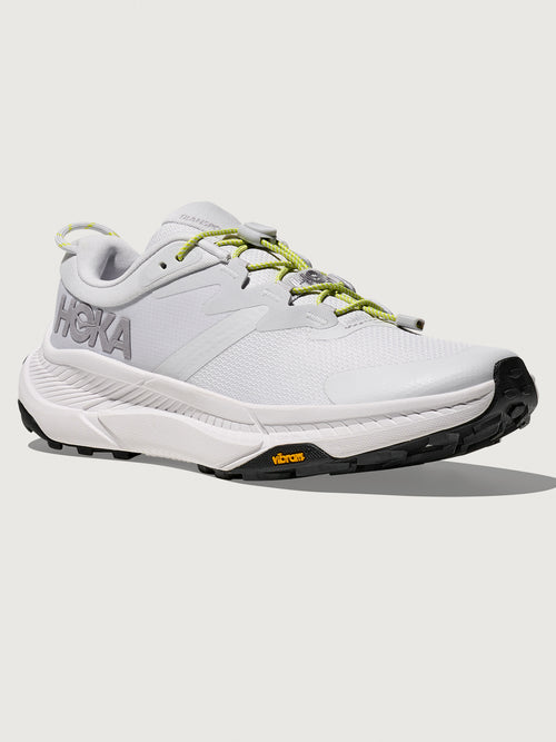 Grey/silver Hoka running shoe.