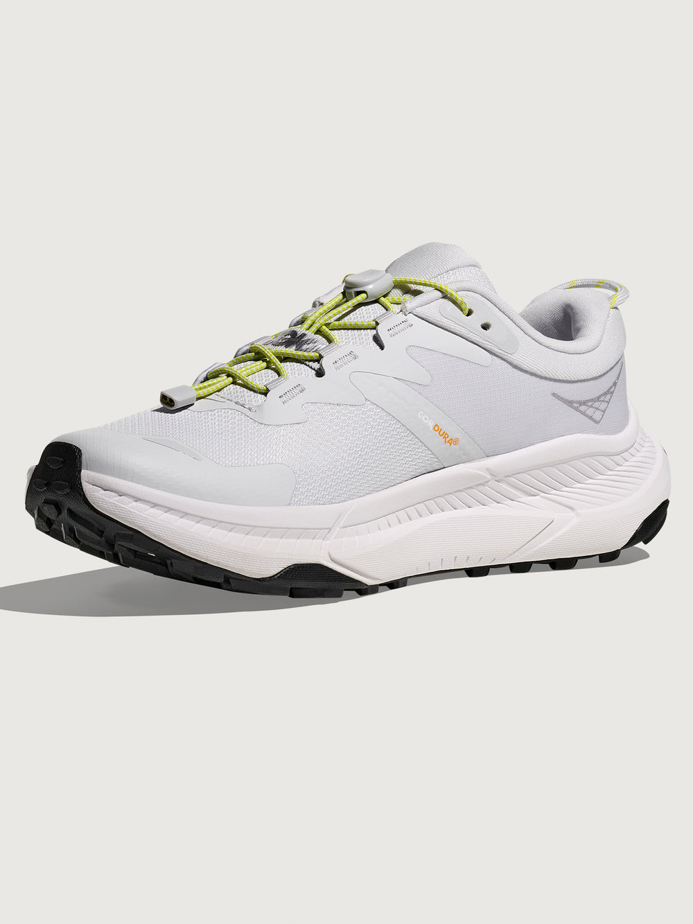 Grey/silver Hoka running shoe.
