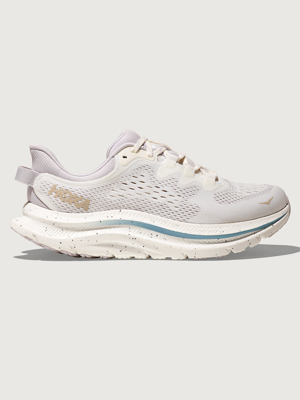 White running shoe with a light blue sole on a white background