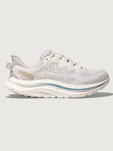 White running shoe with a light blue sole on a white background