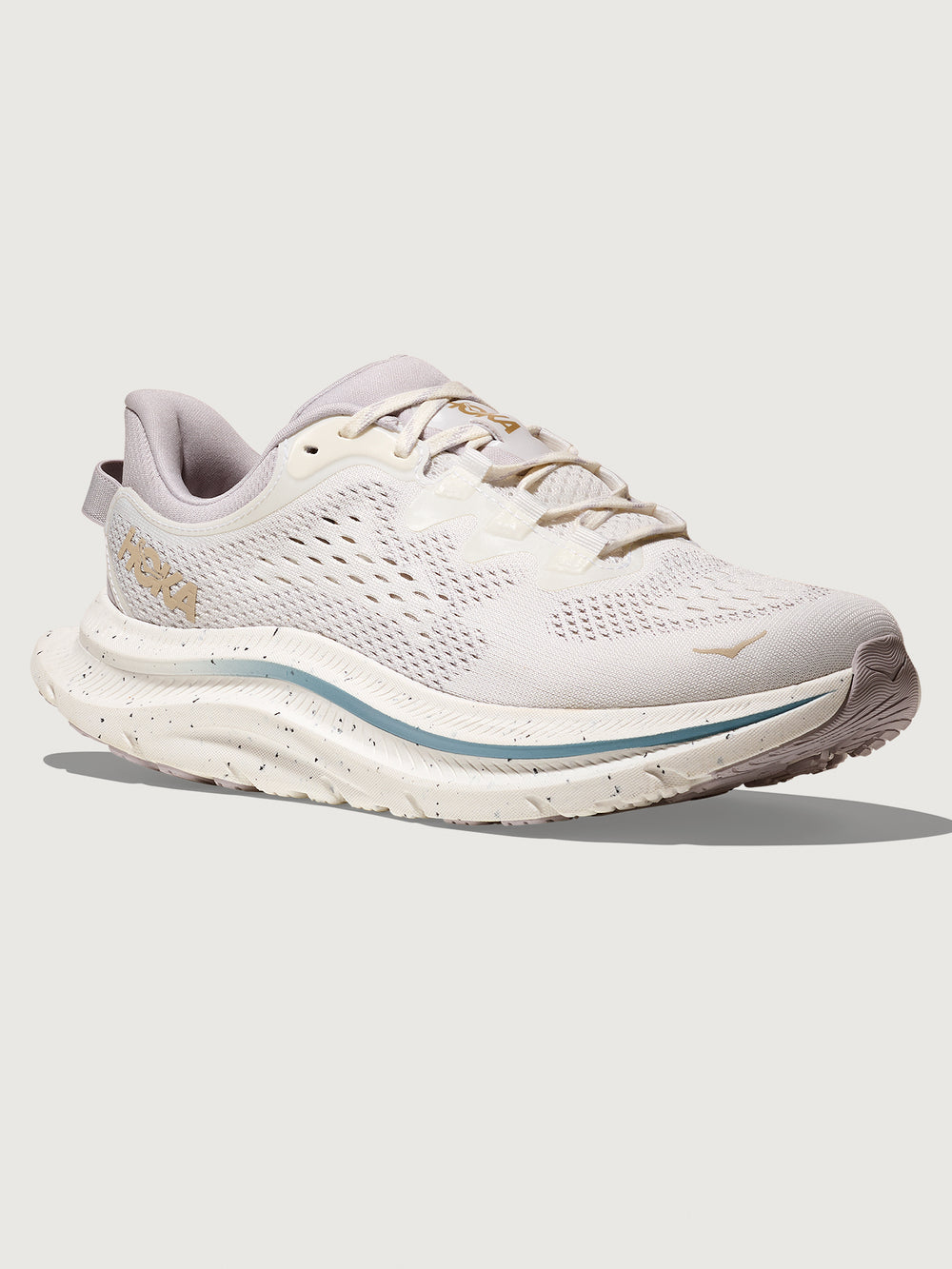 White running shoe with blue accents on a light gray background