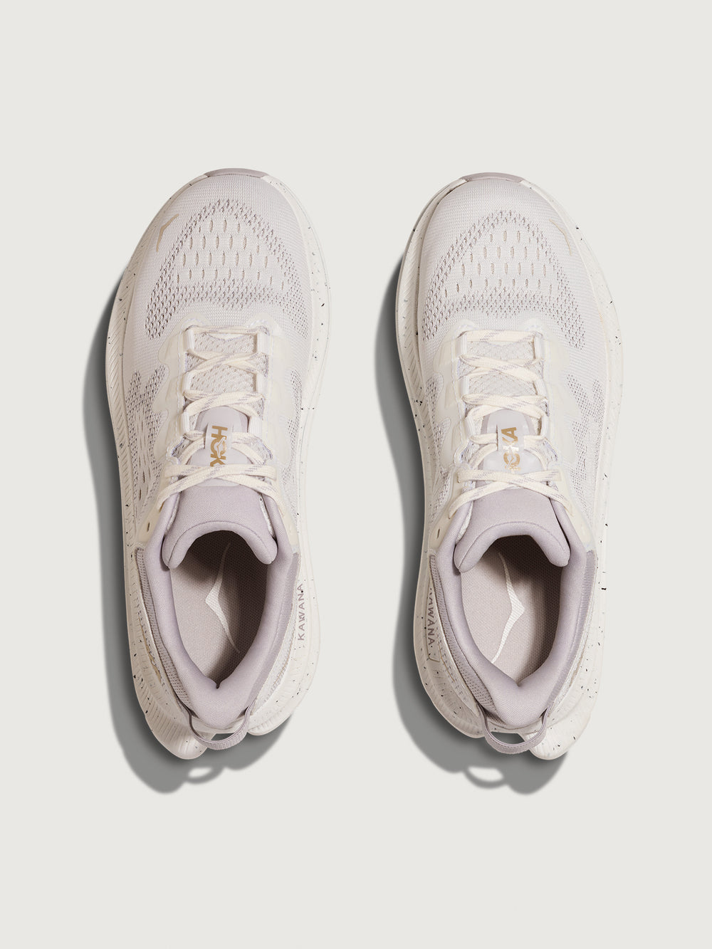 Pair of light gray sneakers with brand logo on a white background