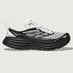 Black and white running shoe on a light gray background
