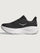 Black running shoe with white sole on a light gray background