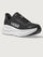 Black running shoe with white sole on a light gray background