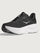 Black running shoe with white sole on a light gray background