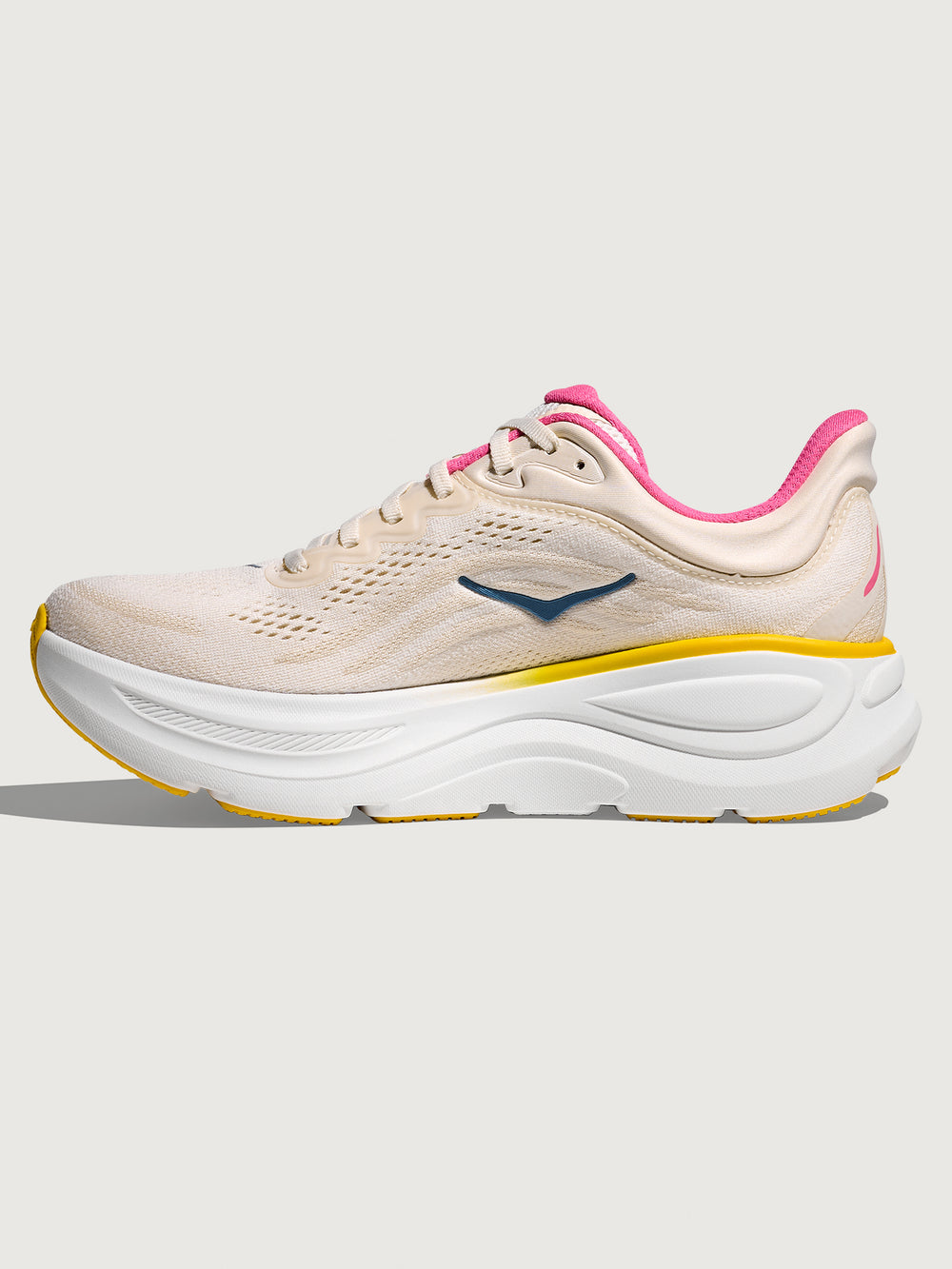 Bondi 9 Max Cushion Running Shoe in Alabaster/Birch, lateral side profile emphasizing stack height.