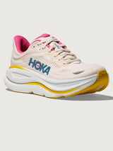 Bondi 9 Max Cushion Running Shoe in Alabaster/Birch, three-quarter front view displaying mesh upper and lace system.