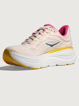Bondi 9 Max Cushion Running Shoe in Alabaster/Birch, front angled view highlighting toe box and cushioning.