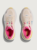 Bondi 9 Max Cushion Running Shoe in Alabaster/Birch, top view showing padded collar and insole branding.