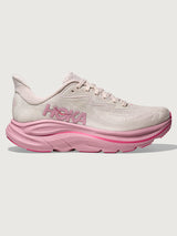 Pink Hoka running shoe with chunky sole.