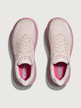 Pink Hoka running shoe with chunky sole.
