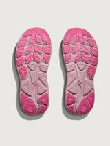 Pink Hoka running shoe with chunky sole.
