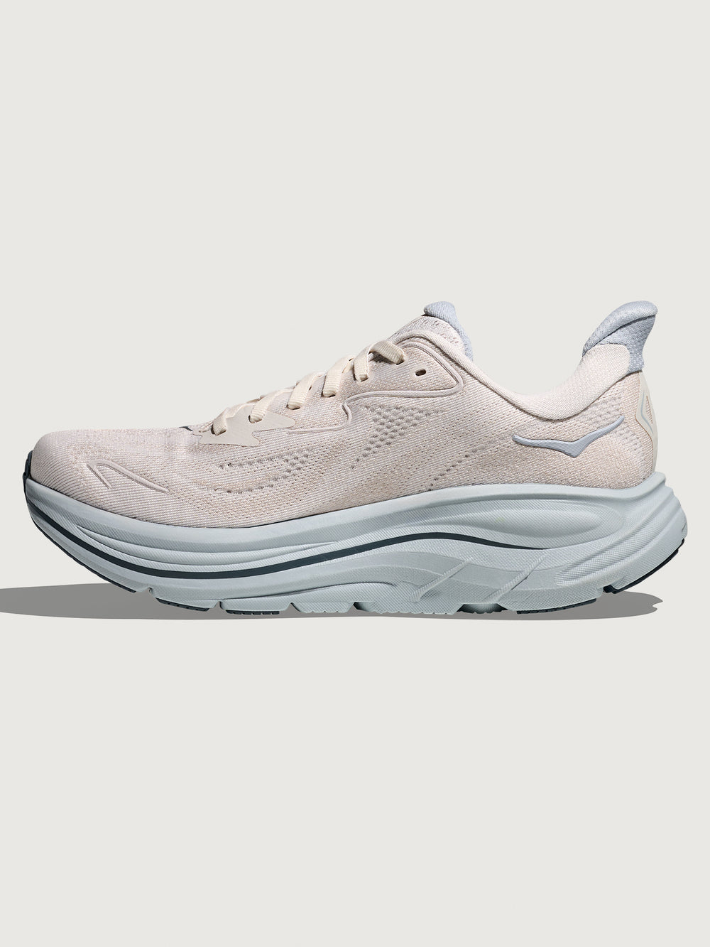 Clifton 10 Max Cushion Running Shoe in Grout/Mineral Blue, opposite side view showing jacquard knit upper.