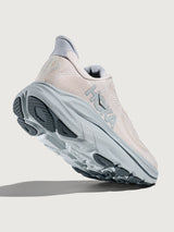 Clifton 10 Max Cushion Running Shoe in Grout/Mineral Blue, angled back view showing heel support and branding.