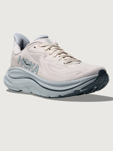 Clifton 10 Max Cushion Running Shoe in Grout/Mineral Blue, three-quarter front view emphasizing toe box and cushioning.