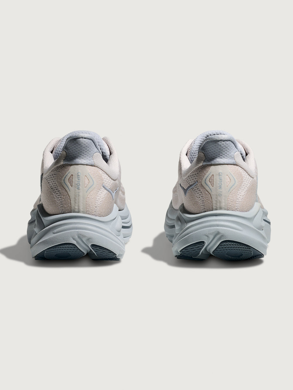 Clifton 10 Max Cushion Running Shoe in Grout/Mineral Blue, back view highlighting heel counter and rear cushioning.
