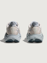 Clifton 10 Max Cushion Running Shoe in Grout/Mineral Blue, back view highlighting heel counter and rear cushioning.