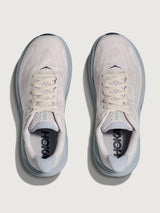 Clifton 10 Max Cushion Running Shoe in Grout/Mineral Blue, top view displaying lace system and padded collar.