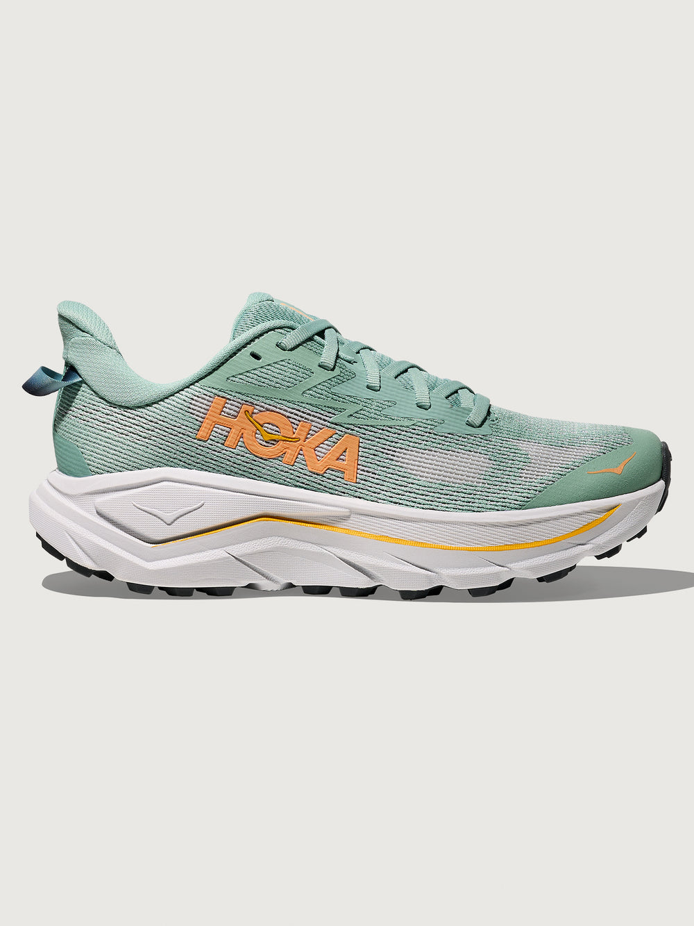 Jade and Grey running shoe with 'Hoka' branding in orange.