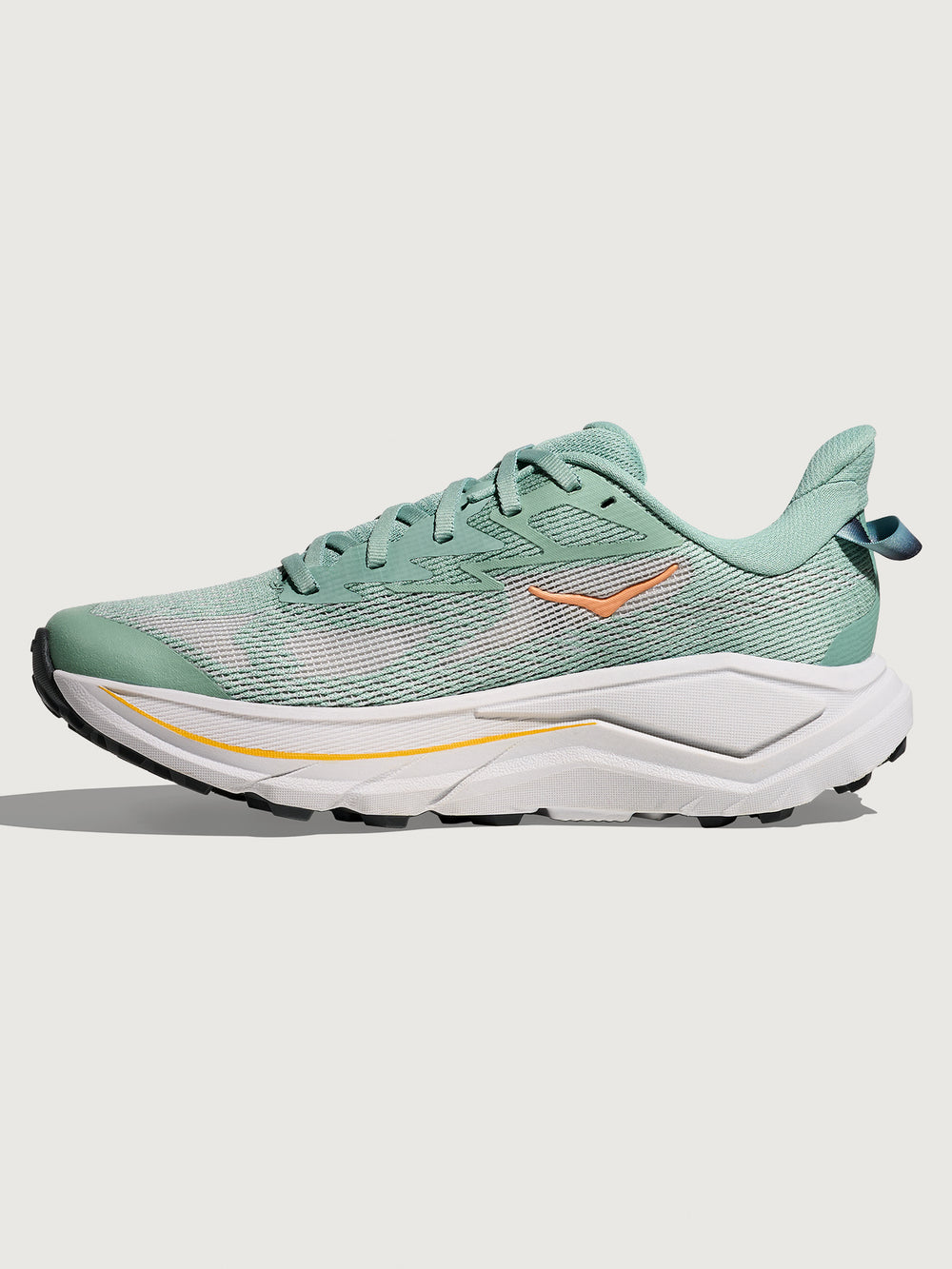 Jade and Grey running shoe with 'Hoka' branding in orange.
