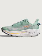 Jade and Grey running shoe with 'Hoka' branding in orange.