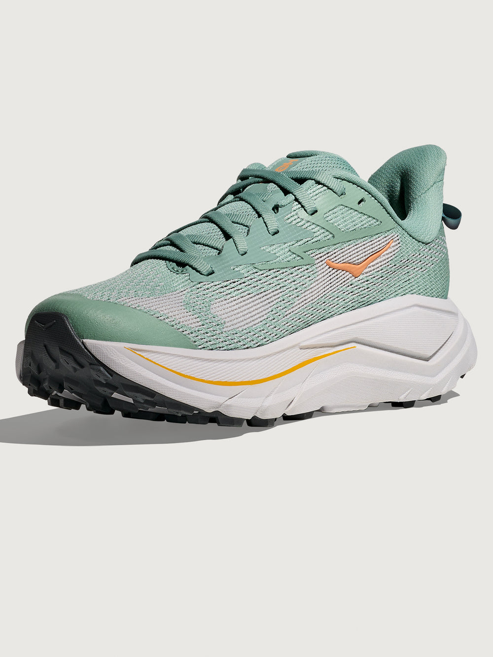 Jade and Grey running shoe with 'Hoka' branding in orange.