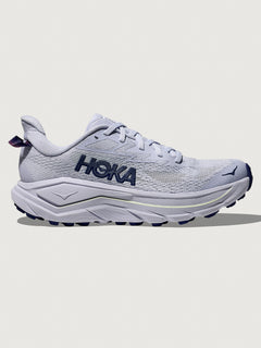 Challenger 8 all-terrain running shoe in Ambient Blue and Blueberry, lateral side view.