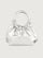 Silver mini handle bag with magnetic closure and knotted detailing on the handles.