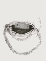 Grey handbag with ruched strap on a white background
