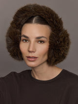 Model is wearing the Faux Fur Earmuffs Chocolate, front view.