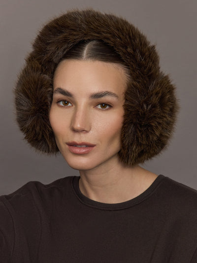Model is wearing the Faux Fur Earmuffs Chocolate, front view.