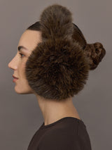 Model is wearing the Faux Fur Earmuffs Chocolate, side profile view.
